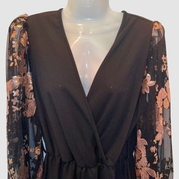 NWT Black Crepe Evening Jumpsuit with Copper Sequins Tulle Sleeves Size XL - Picture 4 of 8